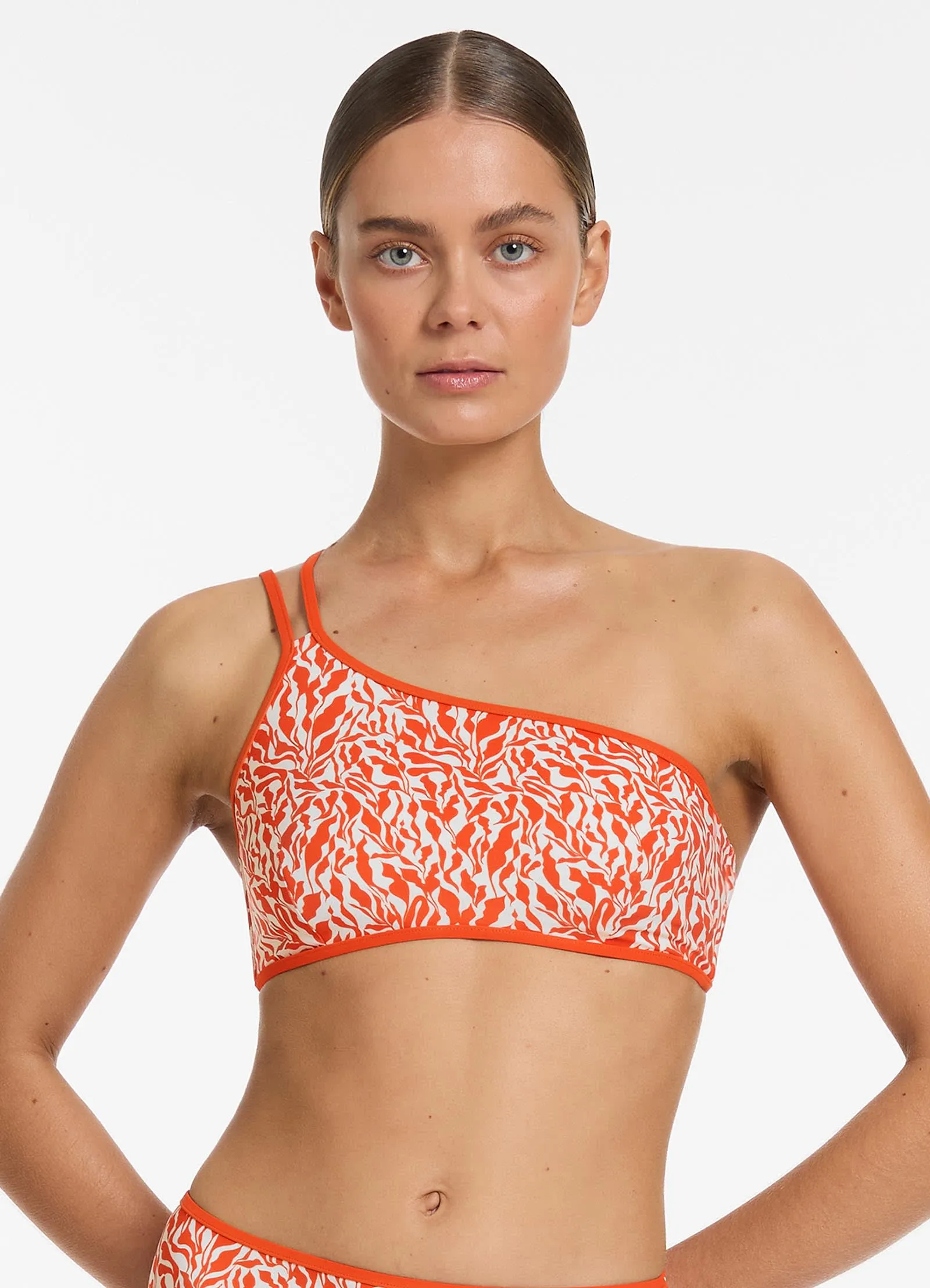 Sereno Ditsy One Shoulder Bikini Top - Coral