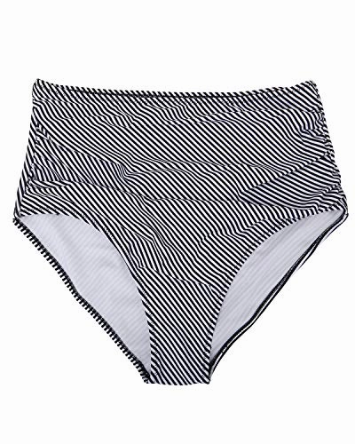 Shirred Tankinis High Waisted Bikini Bottom For Ladies-Black And White Stripe
